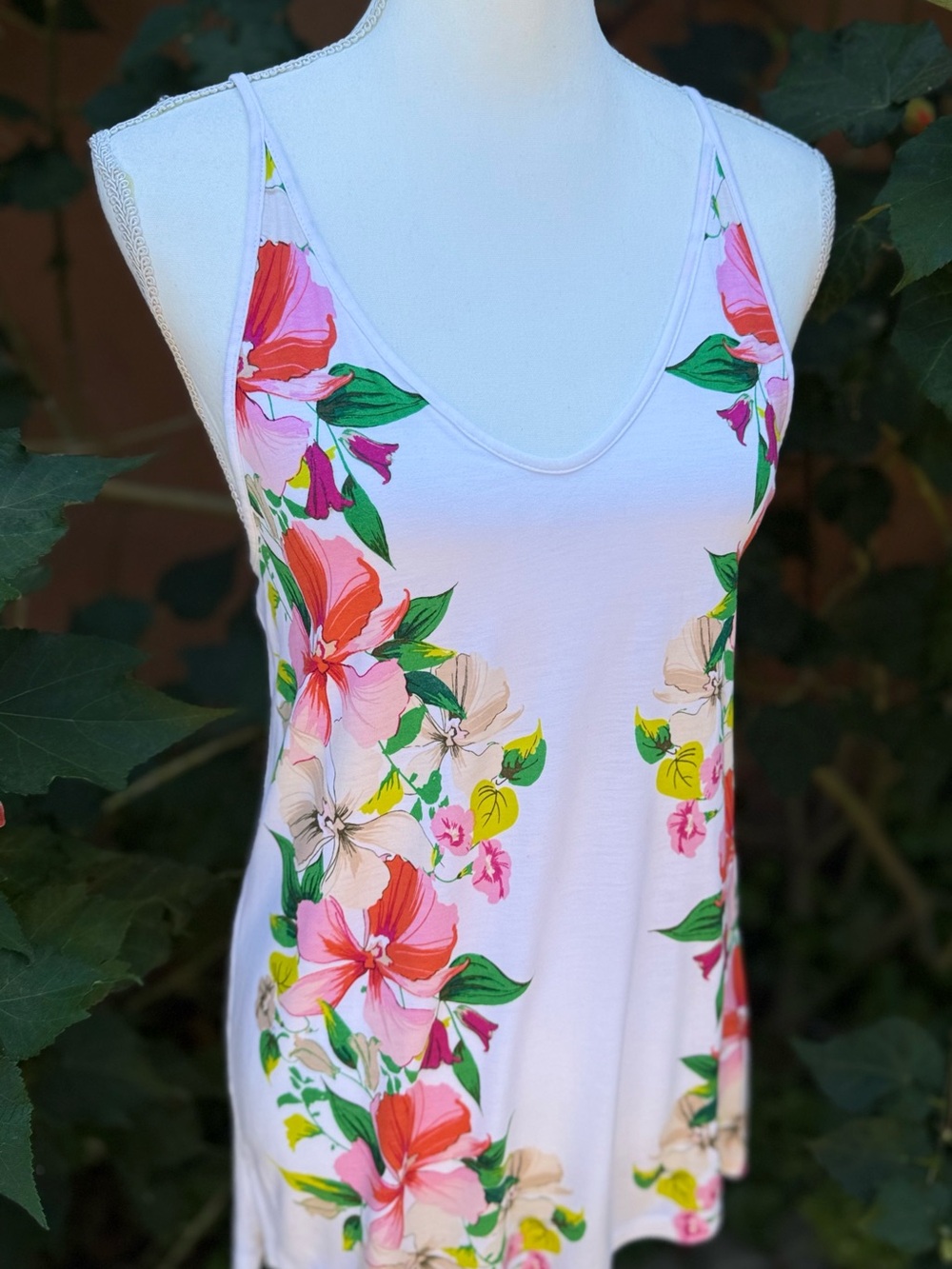 Old Navy Tropic Floral V-Neck Tank Top in White with Pink & Green Accents